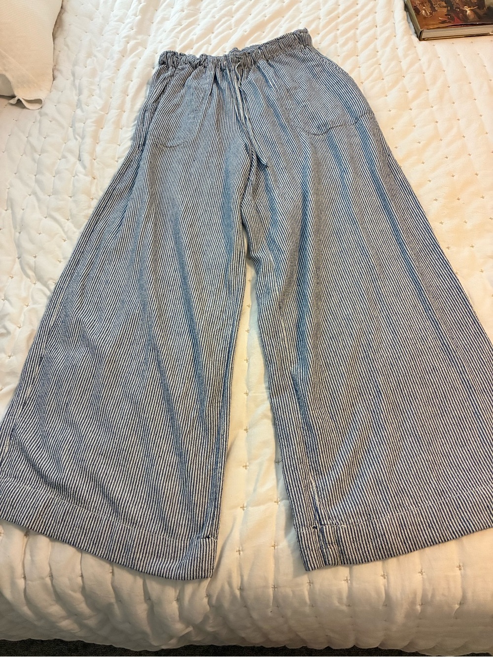 Max Studio Wide-Leg Striped Linen-Blend Pants in Blue